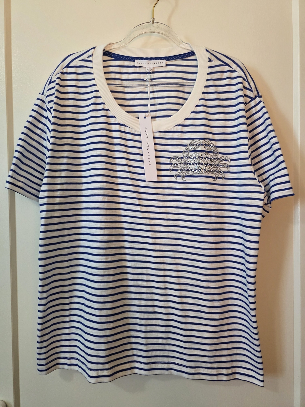 Striped White & Blue Tee with Bling  Crab Jane + Delancey Graphic XL